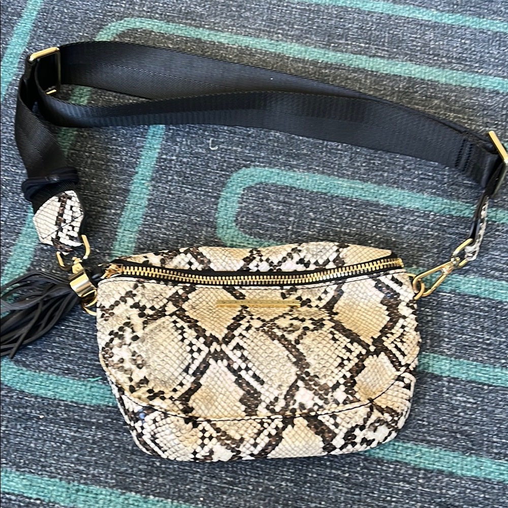 Quay Australia Black and Cream Crossbody Bag with Snake Print